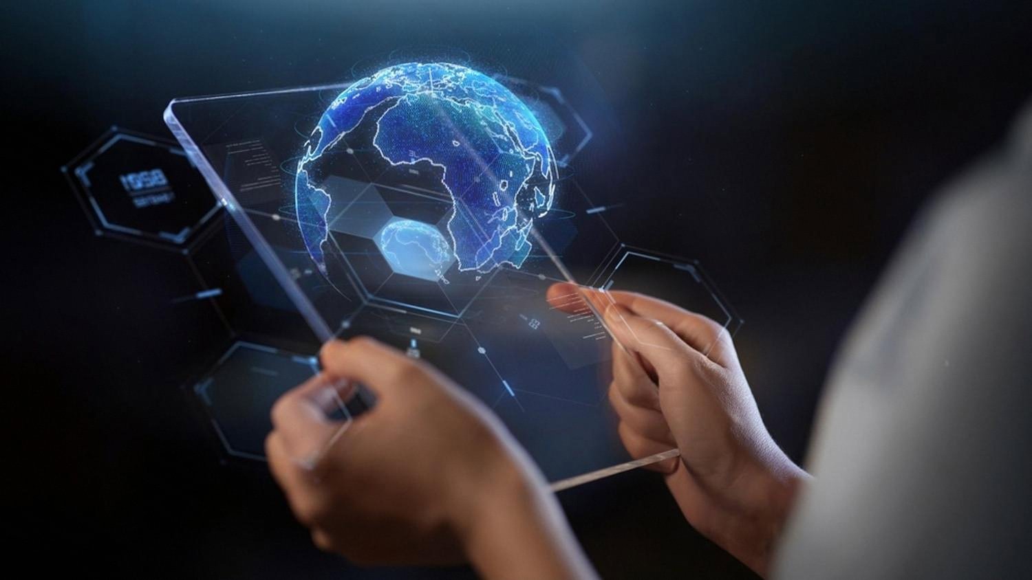 Hand interacting with a holographic AI interface showing a digital globe, symbolising AI website building